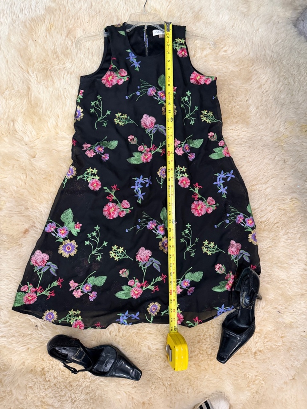 Calvin Klein Black Sleeveless Dress with Multicolor Floral Embroidery